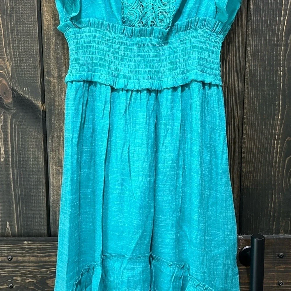 J Gee Maxi Dress S Teal Green‎ Blue Tiered Ruffle Boho Smocked Flutter Lace Trim - Picture 6 of 14